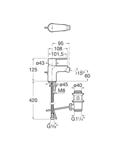 Grifo de bidé VICTORIA PLUS cuerpo liso de ROCA. (Medidas)